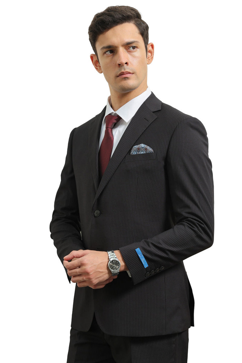 Men’s Two Button Modern Fit Vested Business Suit in Black Pinstripe