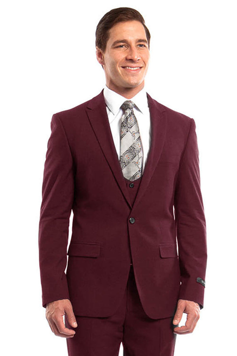 Men’s One Button Peak Lapel Skinny Wedding & Prom Suit with Lowcut Vest in Burgundy