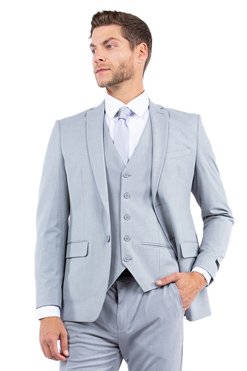 Men’s One Button Vested Slim Fit Business & Wedding Suit in Light Grey