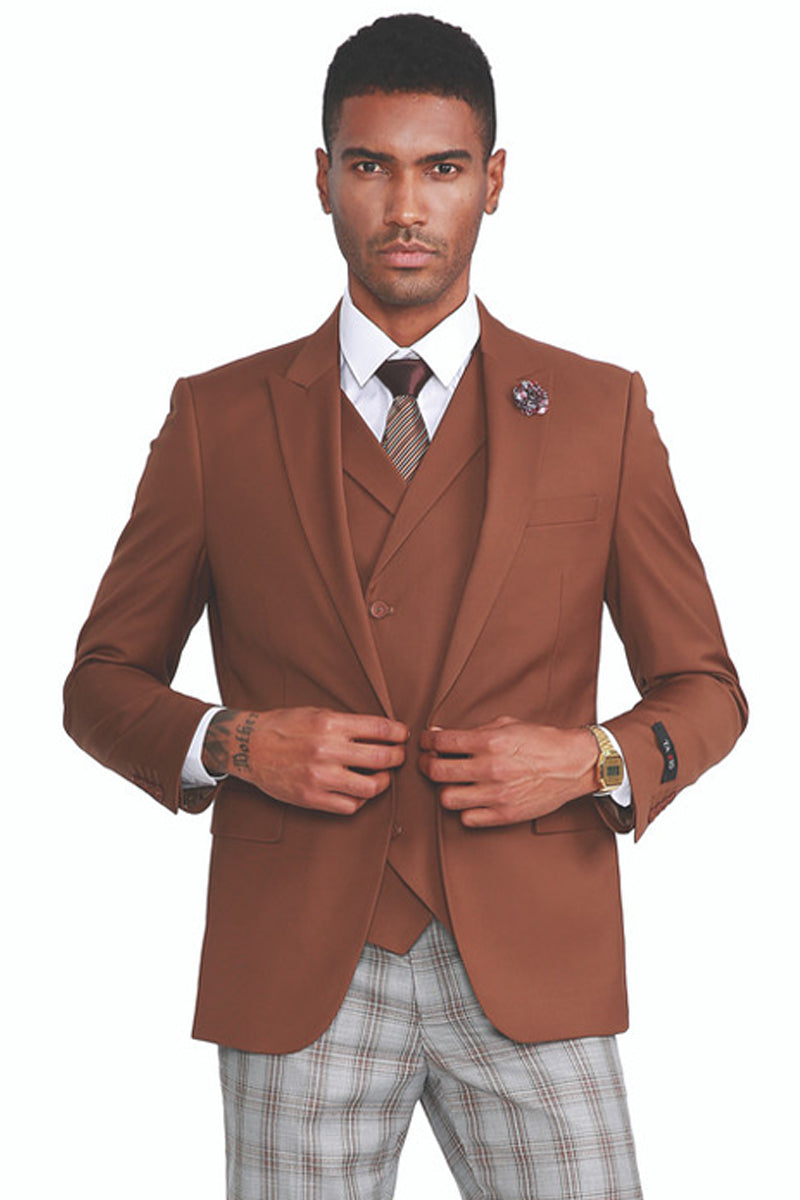 Men’s One Button Vested Peak Lapel Suit in Dark Camel Cognac with Grey & Cognac Plaid Pants