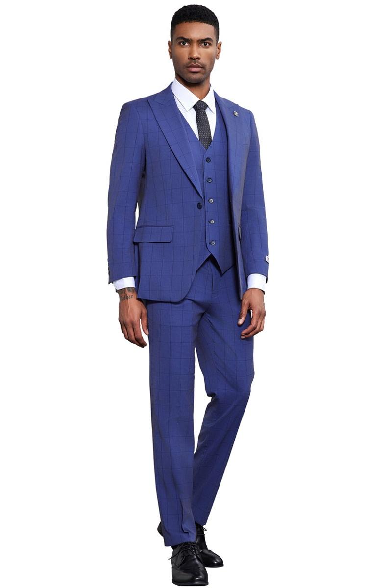 Men’s Stacy Adams Modern Fit Vested Tonal Windowpane Plaid Suit in French Blue