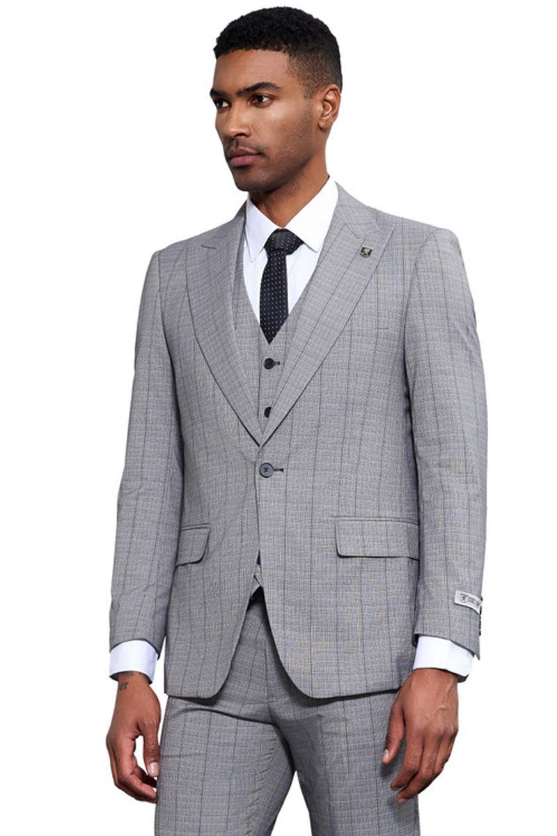 Men’s Stacy Adams Modern Fit Vested Tonal Windowpane Plaid Suit in Light Grey