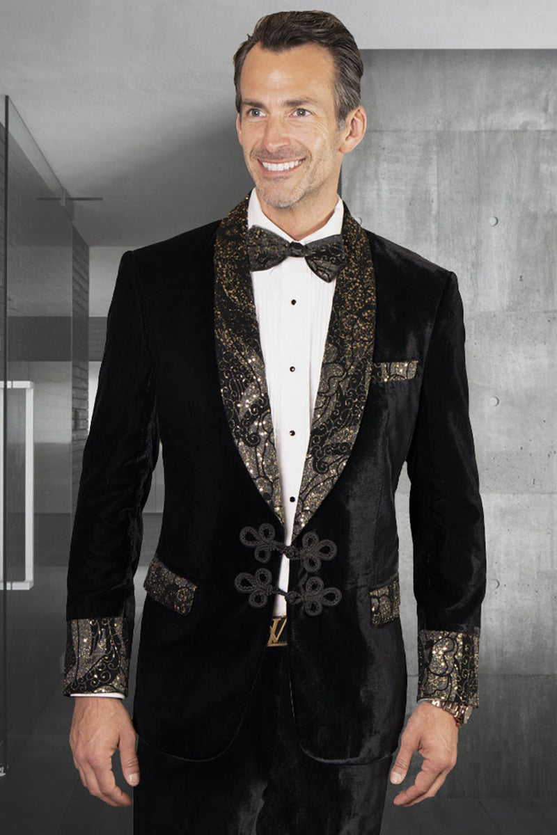 Men’s Designer Velvet Tuxedo With Double Frog Closure and Paisley Embroidery in Black