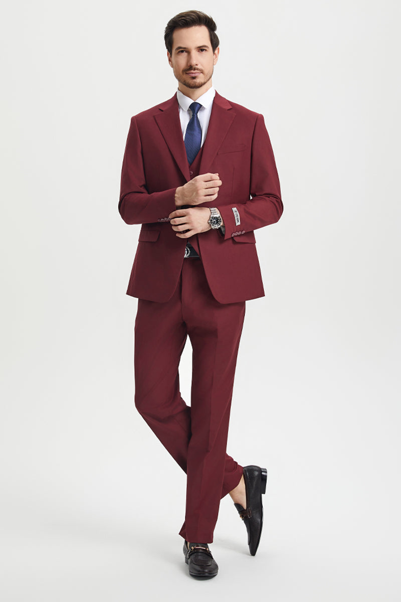 Men’s Two Button Vested Stacy Adams Basic Designer Suit in Burgundy