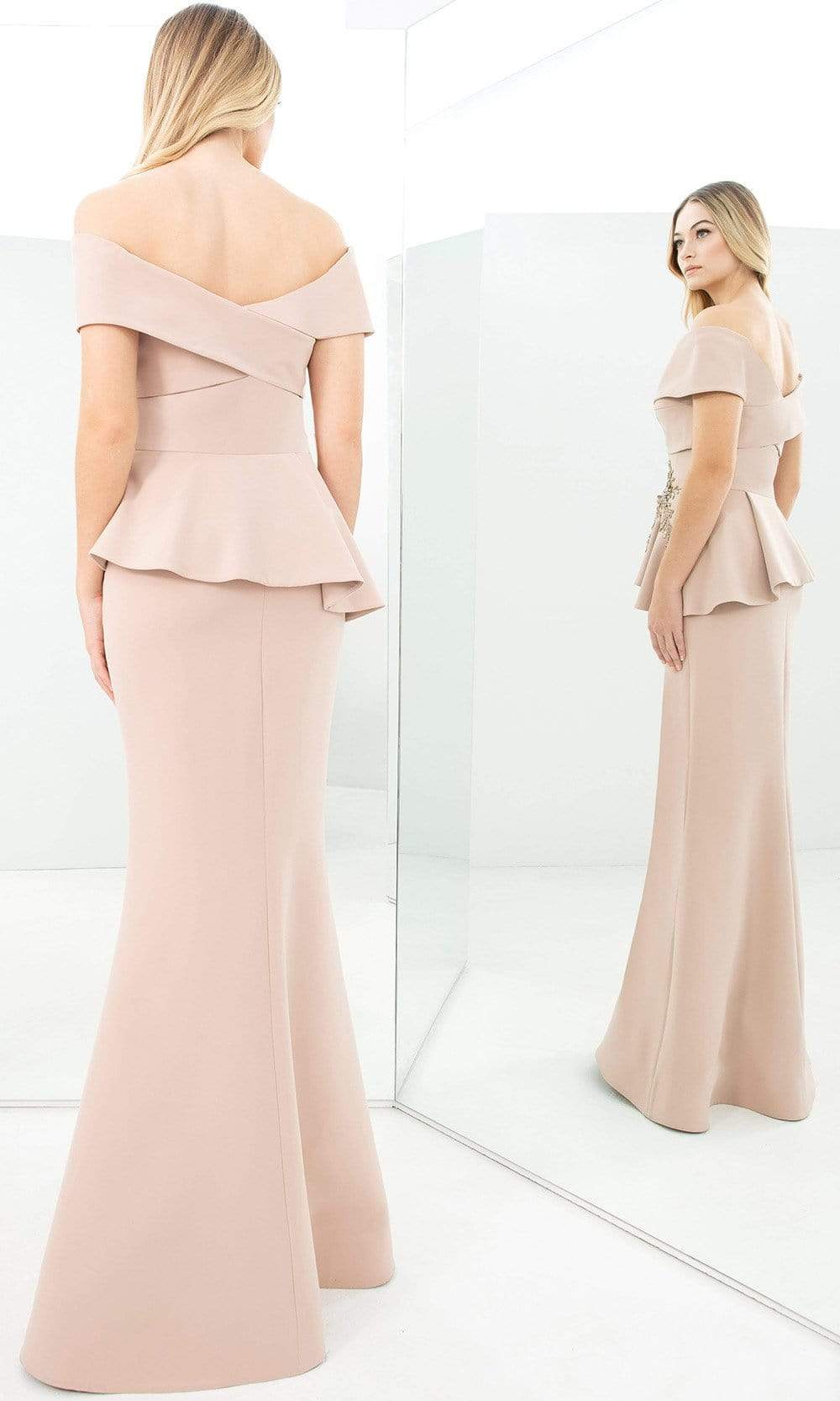 1350 Off-Shoulder Beaded Sheath Gown