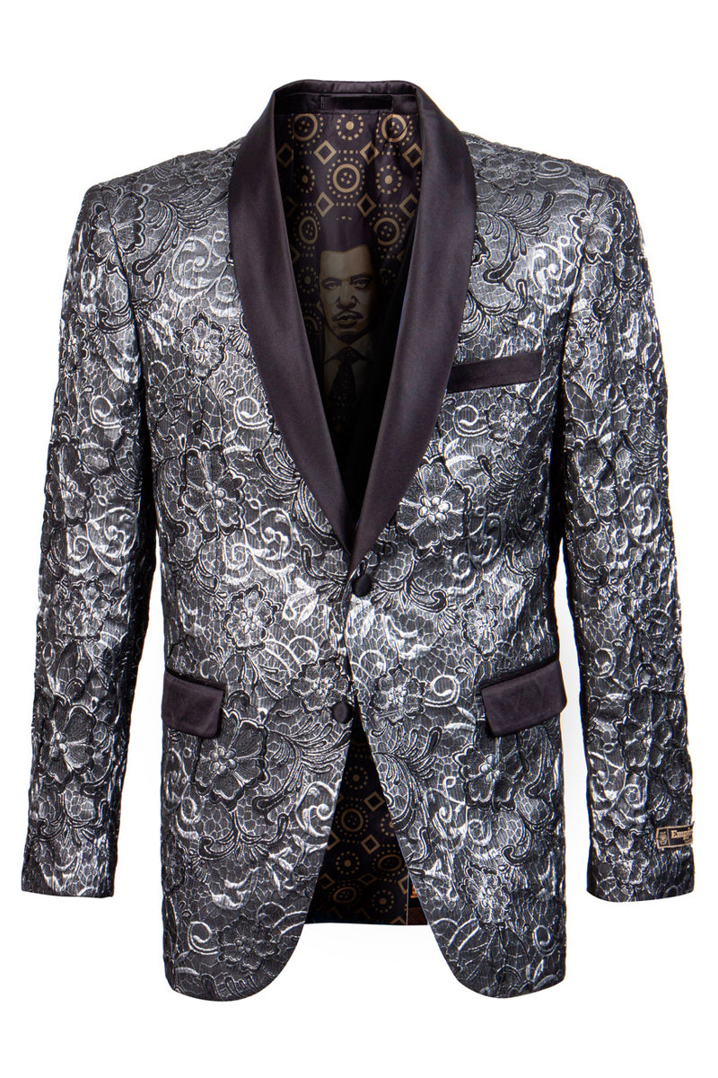 Men’s Shawl Collar Silver Paisley Prom Tuxedo Dinner Jacket