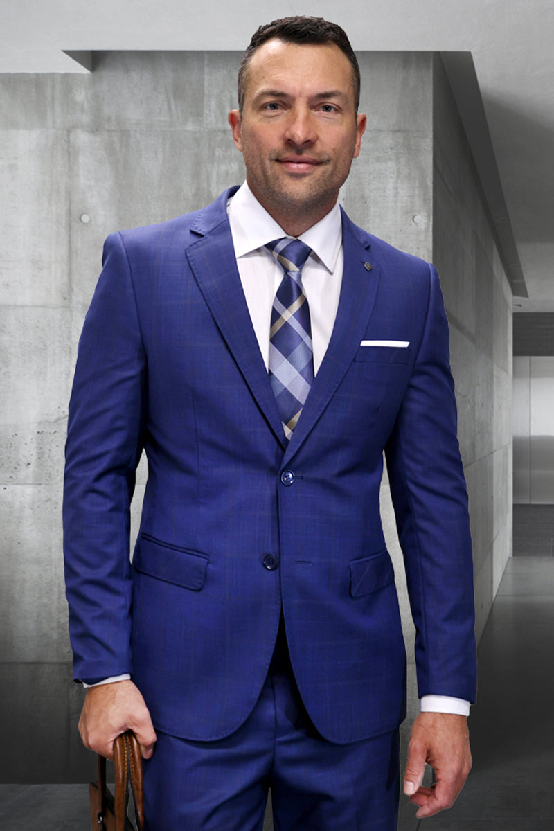 Men’s Designer Modern Fit Italian Wool Suit in Indigo Blue Plaid
