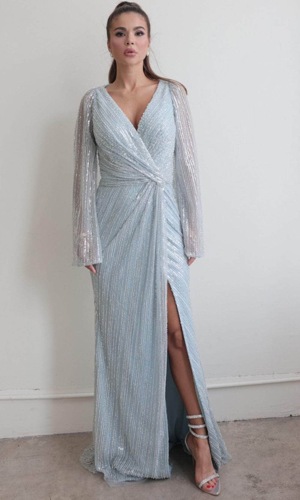 Sequined Long Bell Sleeve Evening Gown