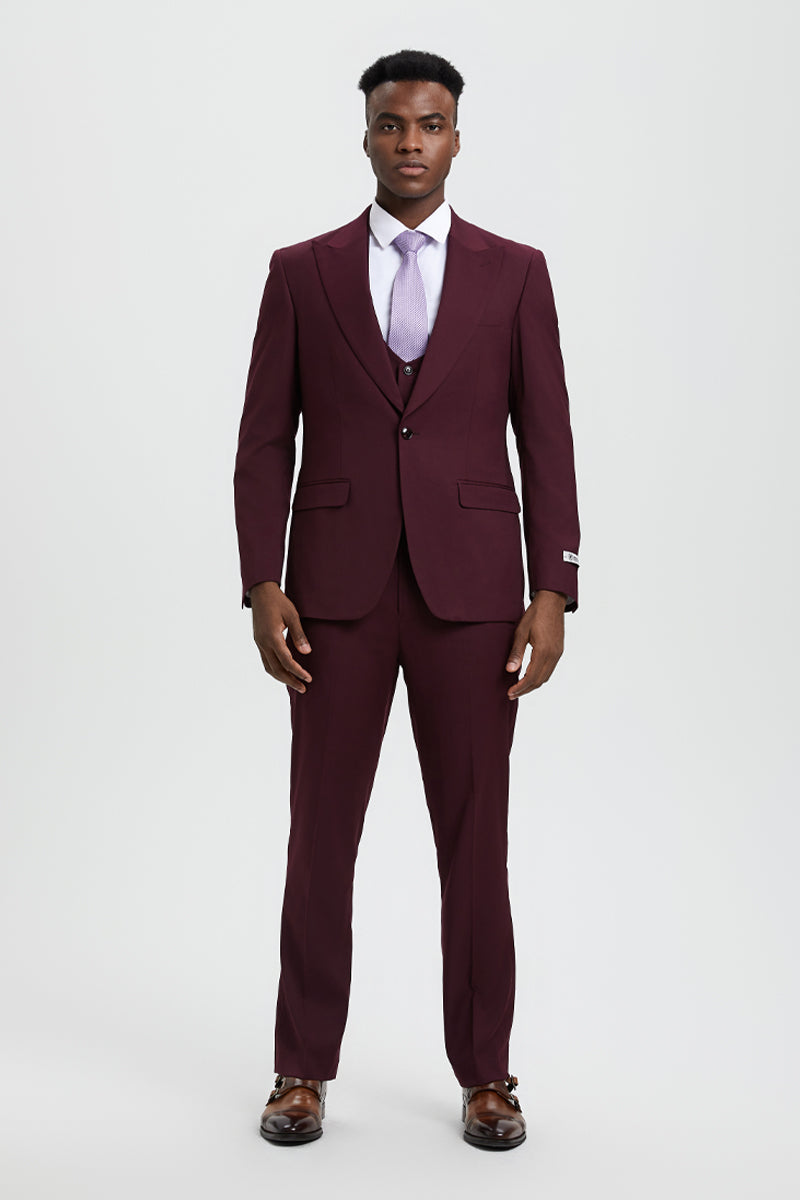 Men’s Vested One Button Peak Lapel Stacy Adams Designer Suit in Burgundy