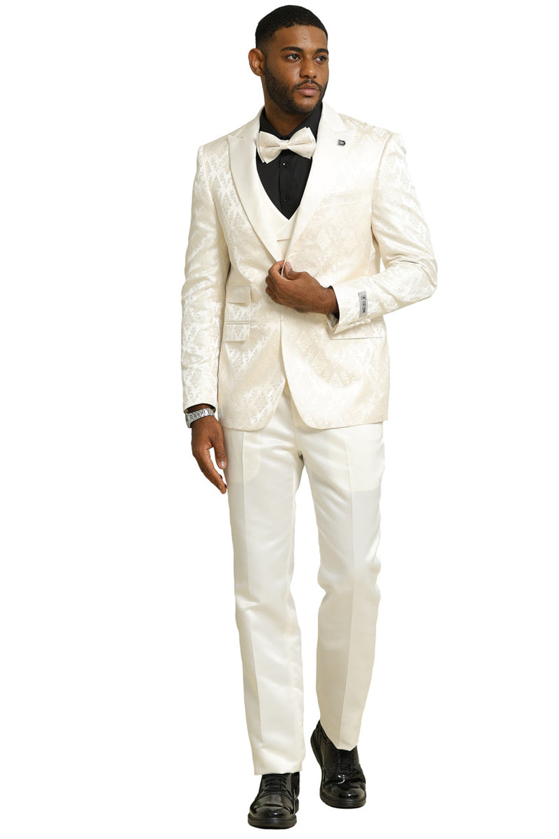 Men’s Stacy Adams Shiny Brocade Wedding & Prom Tuxedo with Double Breasted Vest in Ivory