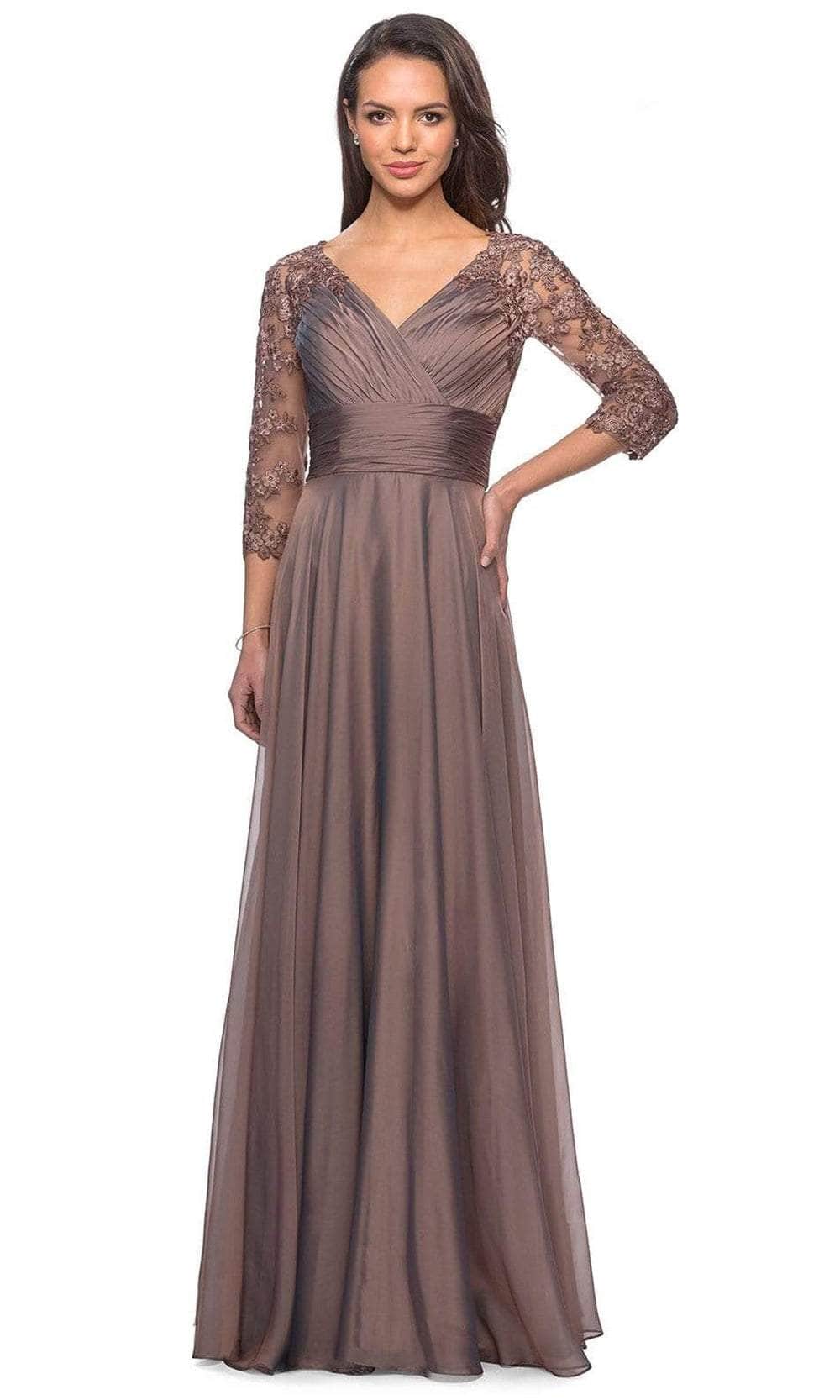 27153 Sheer Lace Quarter Sleeves Empire Waist Chiffon Gown