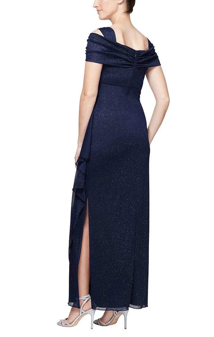 233026 Cold Shoulder Drape Glitter Mesh Dress