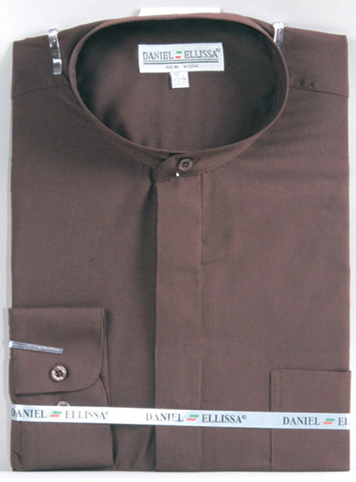 Men’s Classic Banded Collar French Front Dress Shirt in Dark Brown
