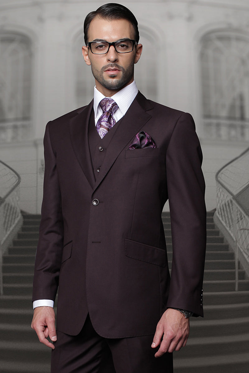 Men’s Designer Vested Modern Fit Wool Wedding & Business Suit in Eggplant