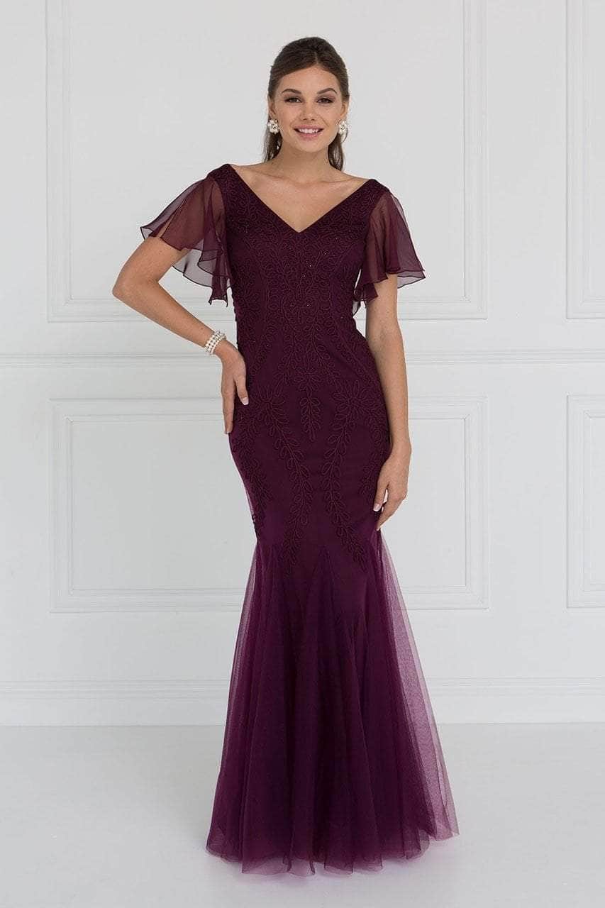 Foliage Appliqued Sheer Sleeve Formal Gown