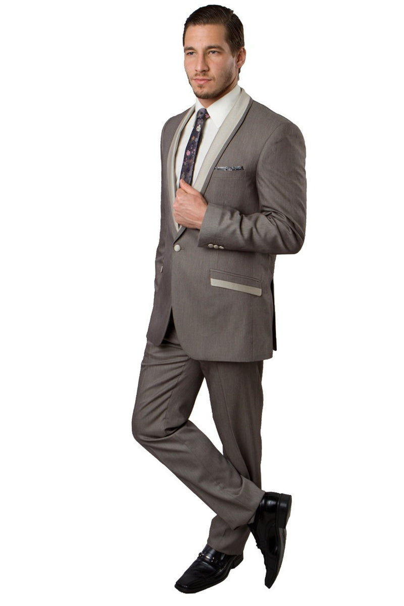 Men’s One Button Slim Fit Shawl Lapel Tuxedo in Dark Tan Beige