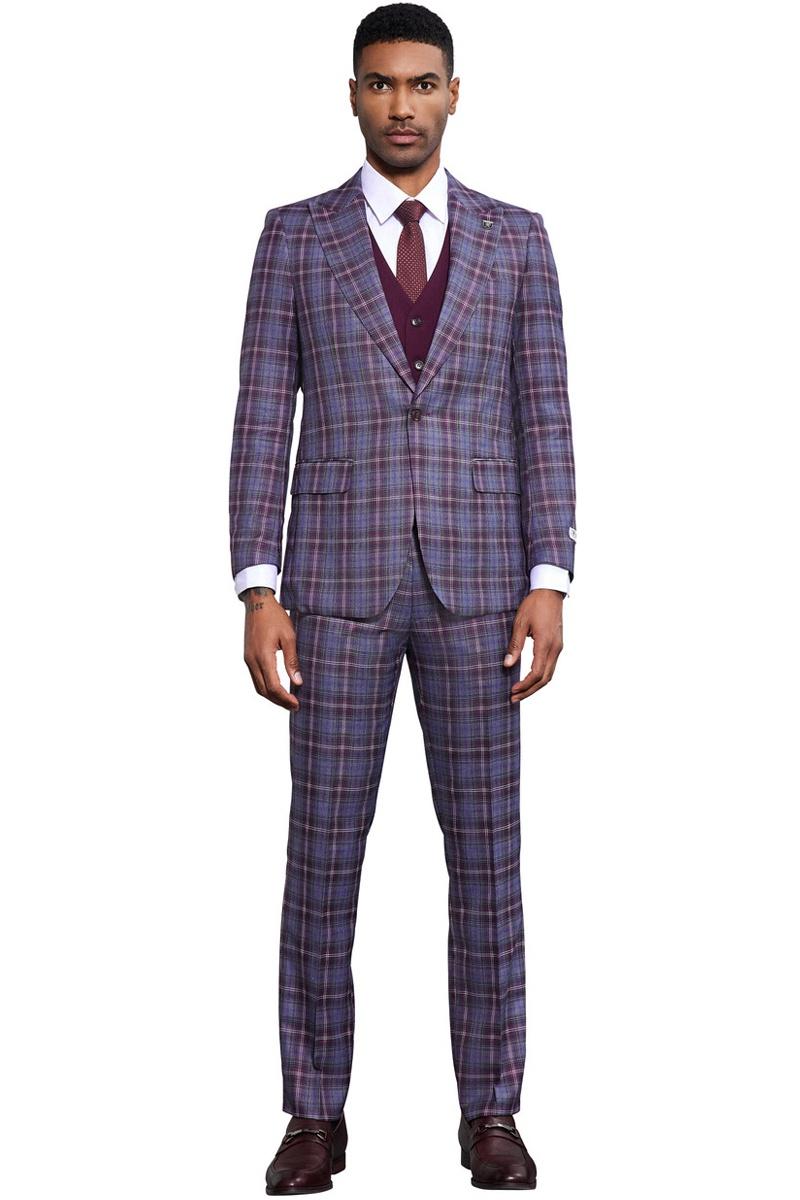 Men’s Stacy Adams Bold Windowpane Plaid Print Vested Suit in Lavender & Purple