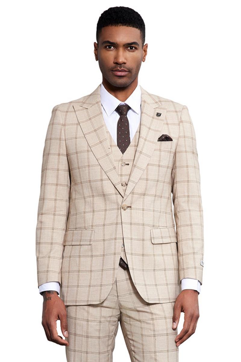 Men’s Stacy Adams One Button Peak Lapel Vested Windowpane Plaid Suit in Tan