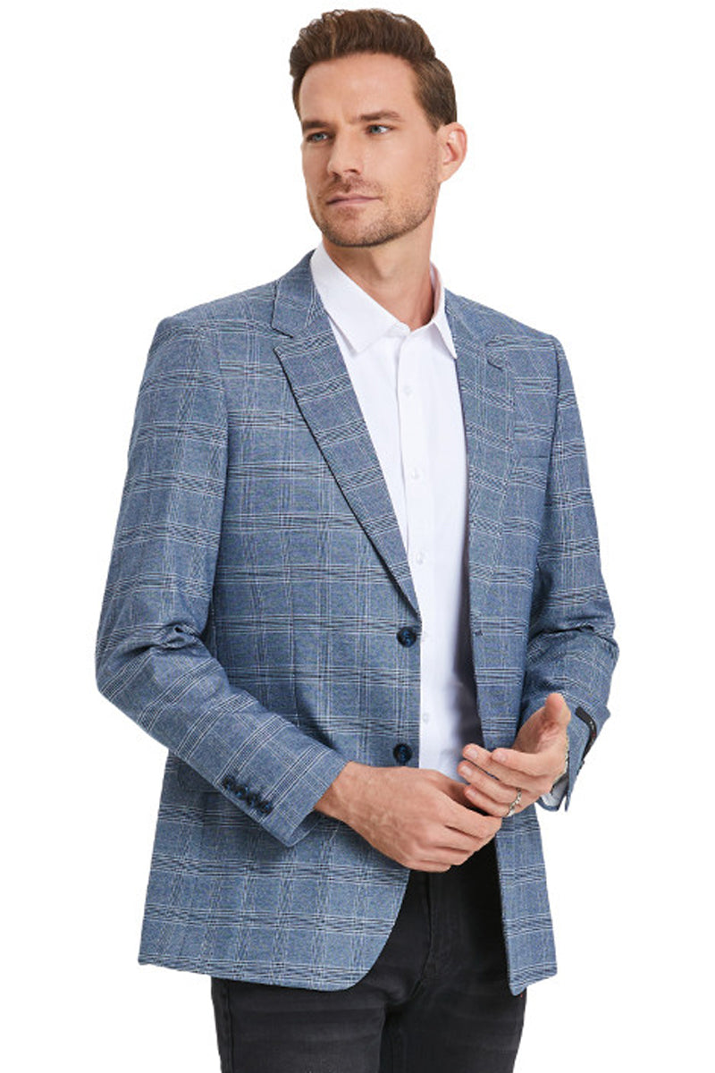 Men’s Slim Fit Business Casual Light Blue Plaid Sport Coat