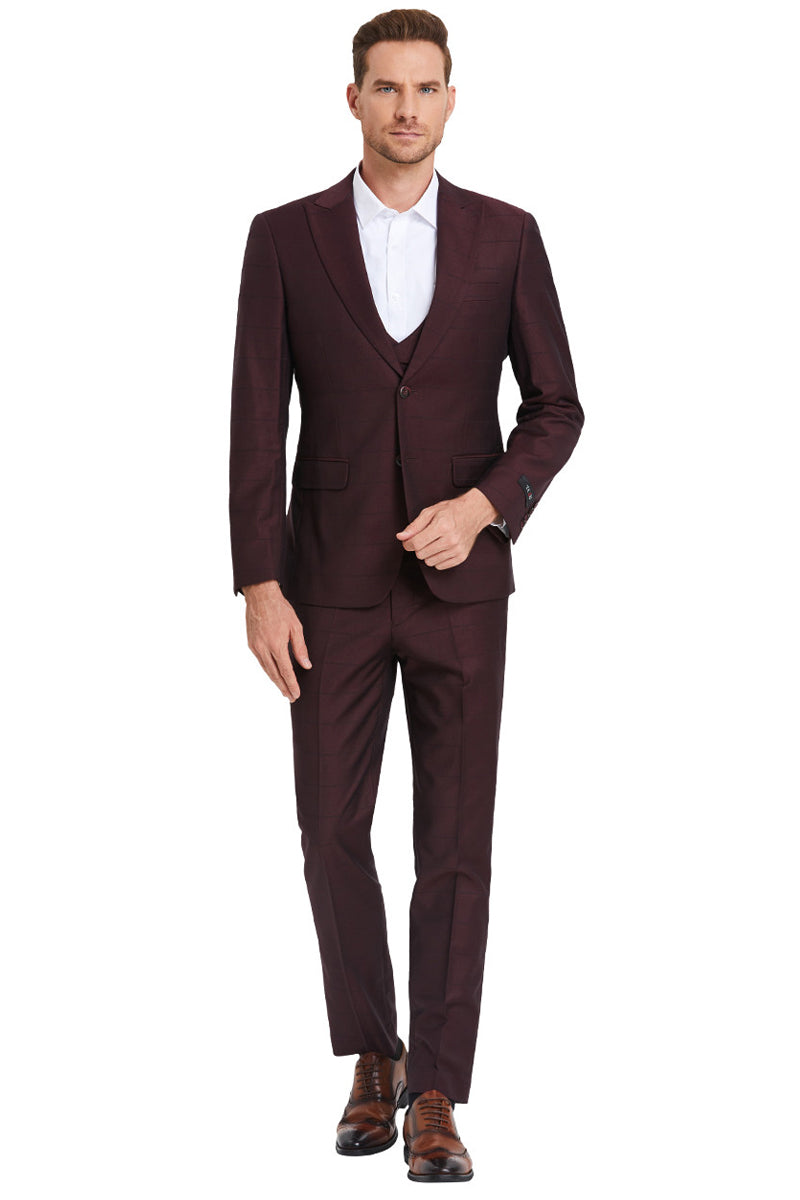 Men’s Two Button Vested Peak Lapel Sharkskin Suit in Burgundy Windowpane Plaid