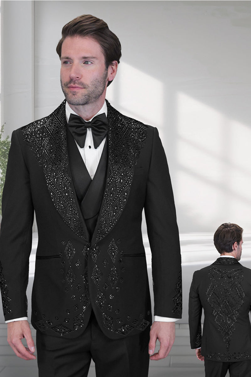 Men’s Designer Embelished Rhinestone Jacquard Pattern Wedding & Prom Tuxedo in Black