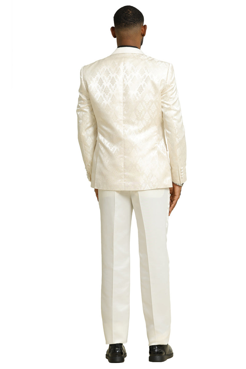 Men’s Stacy Adams Shiny Brocade Wedding & Prom Tuxedo with Double Breasted Vest in Ivory
