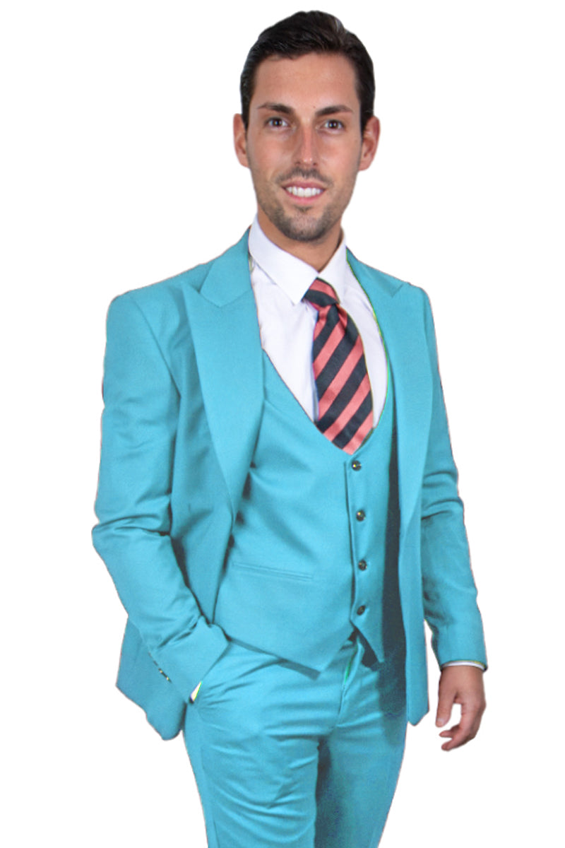Men’s Vested One Button Peak Lapel Stacy Adams Suit in Sky Blue