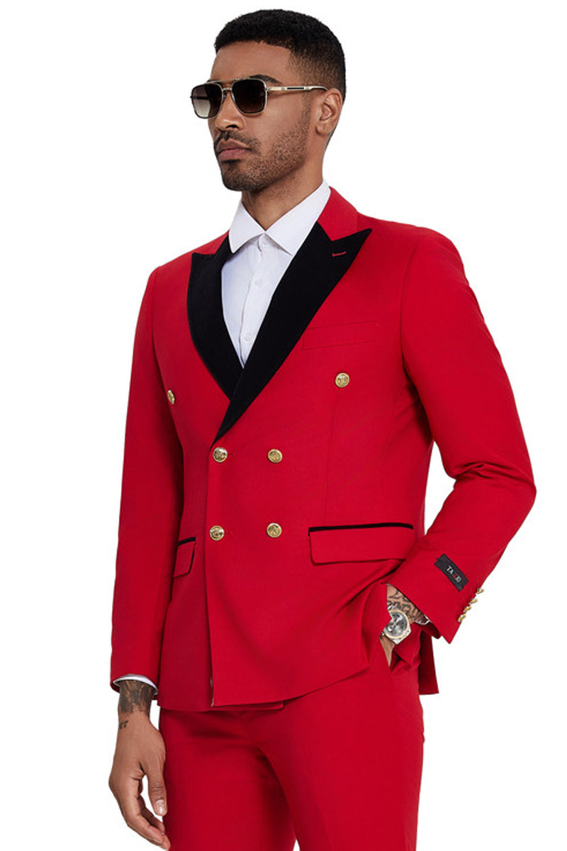Men’s Double Breasted Wedding Suit with Velvet Peak Lapel and Gold Buttons in Red