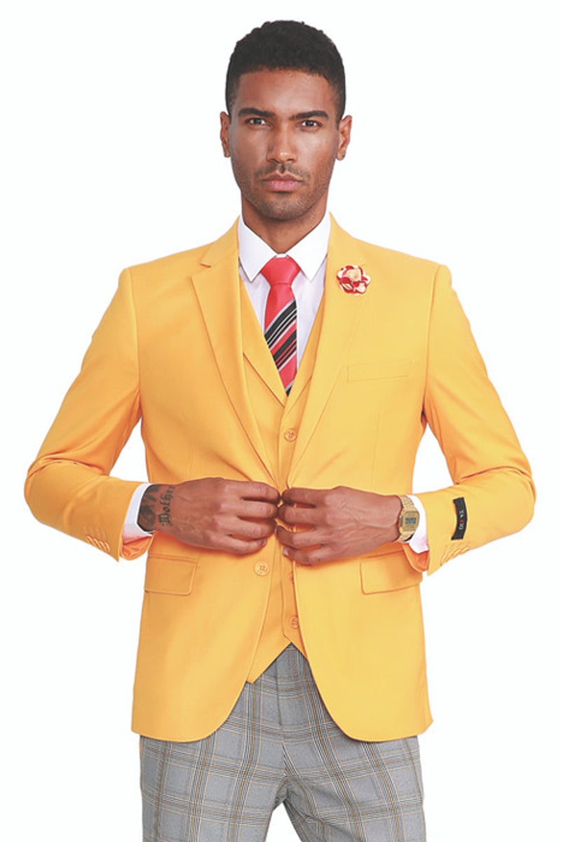 Men’s Two Button Vested Summer Suit in Canary Yellow with Grey & Yellow Plaid Pants