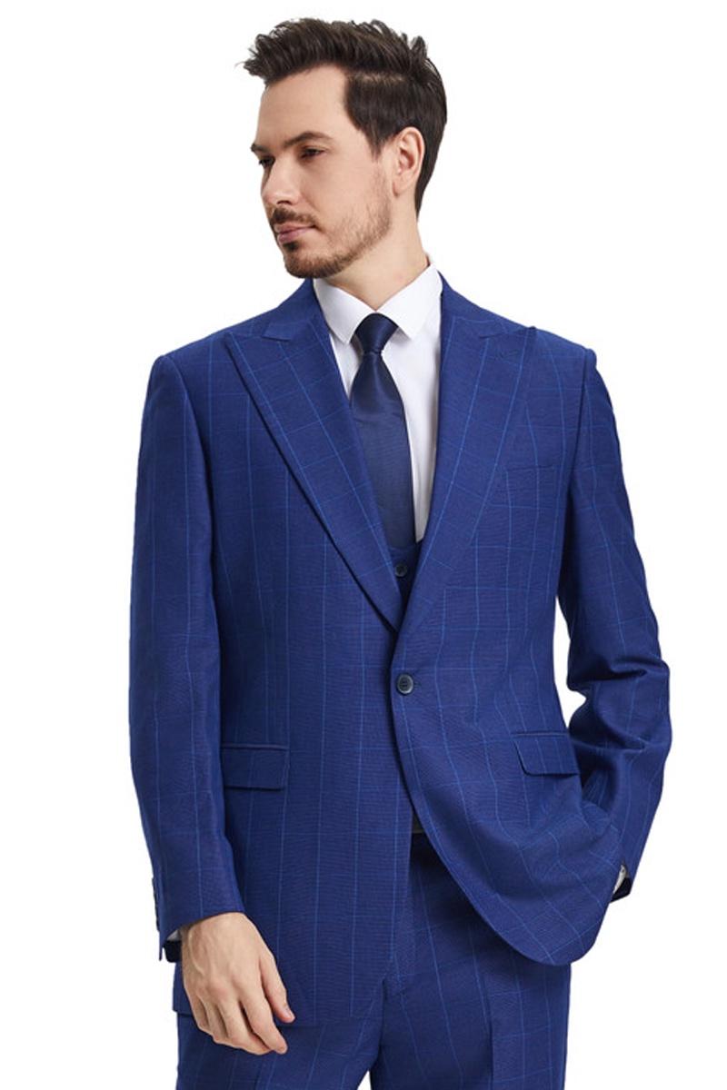 Men’s Stacy Adams Peak Lapel Blue Windowpane Plaid Suit with a Scoop Neck Vest