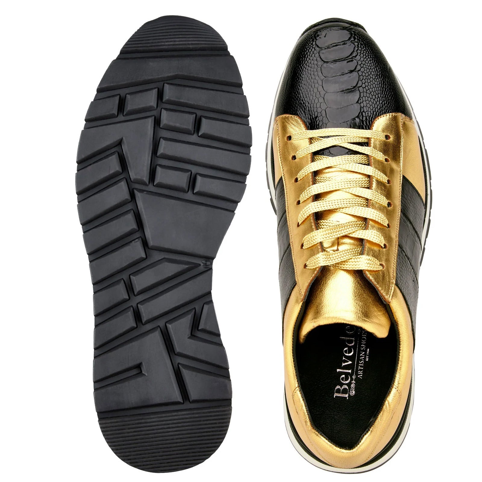 Men’s Belvedere Blake Ostrich Leg & Italian Calf Leather Dress Sneaker in Black & Gold