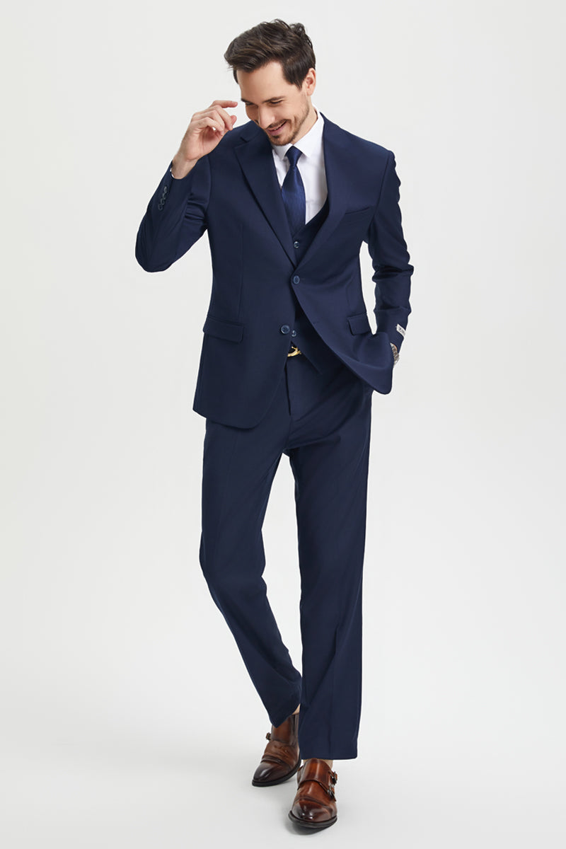 Men’s Two Button Vested Stacy Adams Basic Designer Suit in Navy Blue