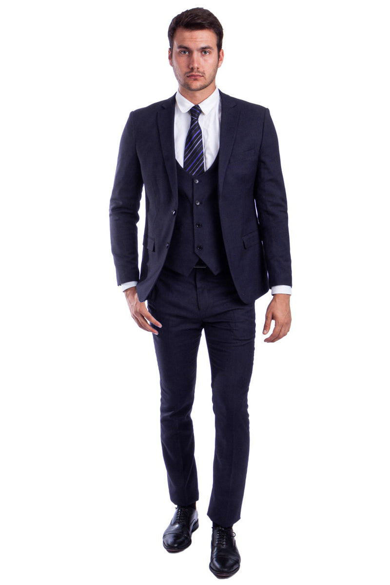 Men’s Two Button Skinny Fit Vested Suit in Navy Blue