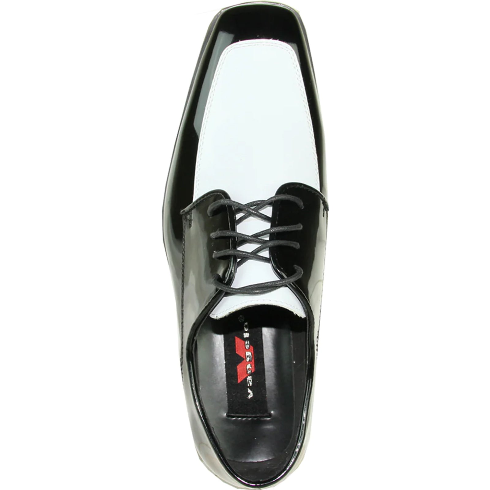 Mens Classic Moc Toe Shiny Patent Tuxedo Prom Shoe in Black & White