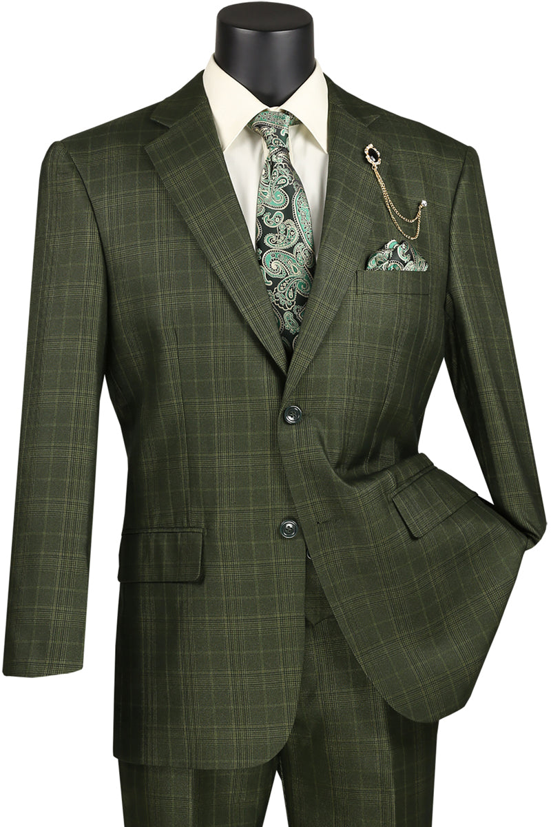 Mens 2 Button Vested Peak Lapel Plaid Windowpane Suit in Olive