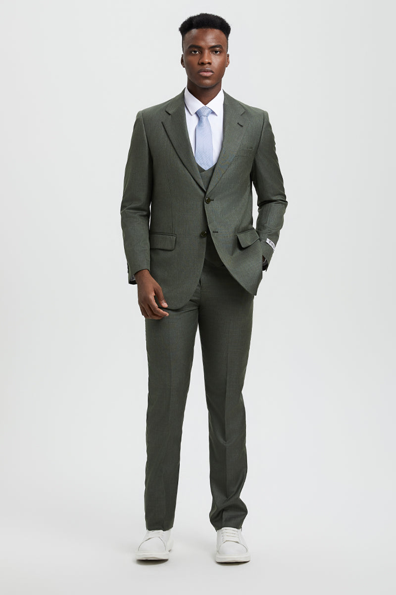 Men’s Two Button Vested Stacy Adams Designer Sharkskin Suit in Olive Green