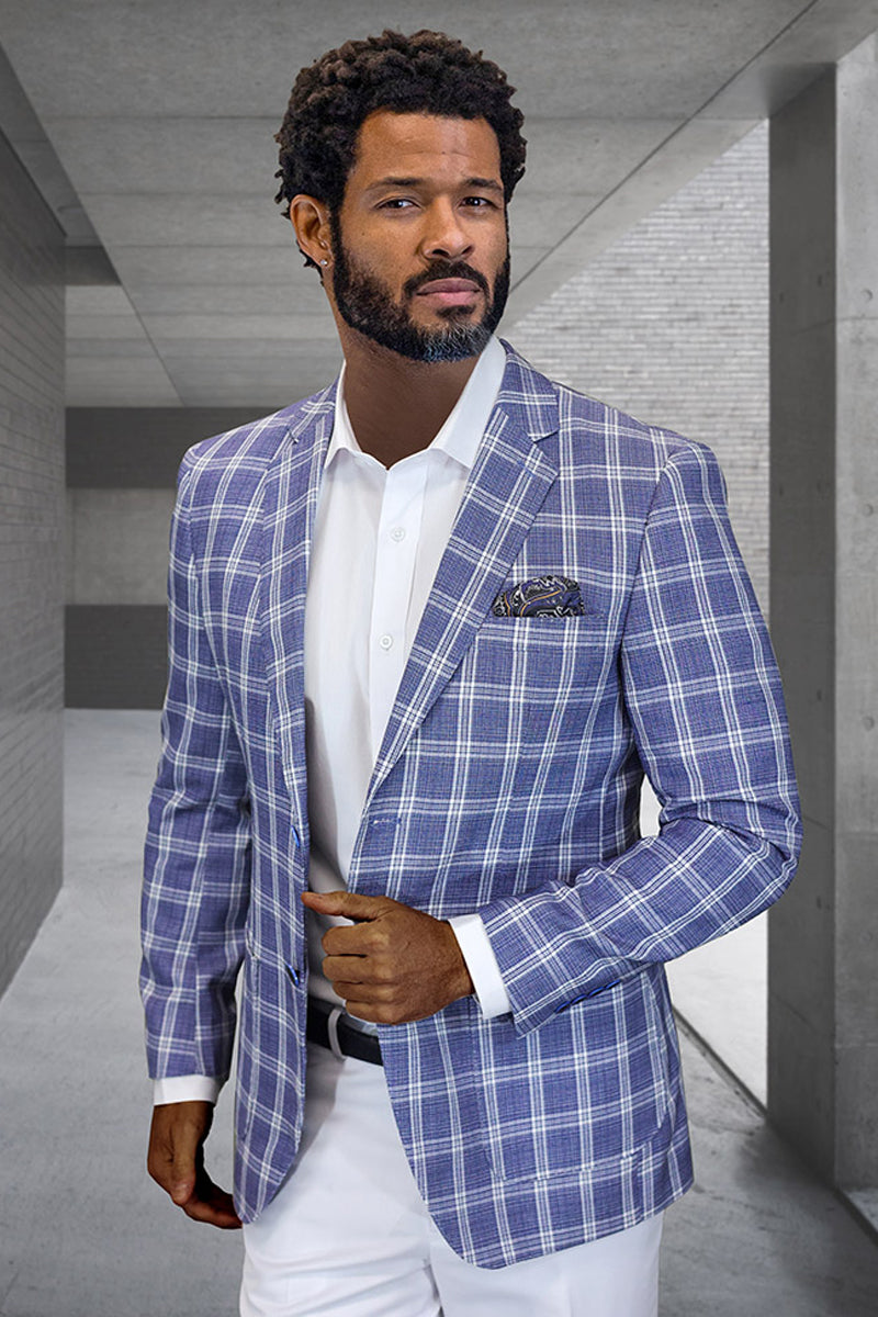 Men’s Modern Fit Patch Pocket Designer Wool Summer Blazer in Blue Windowpane Plaid