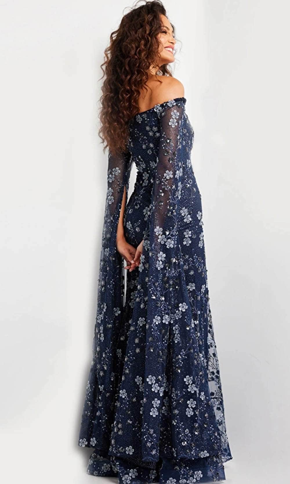 Floral Embroidered Cape Long Gown