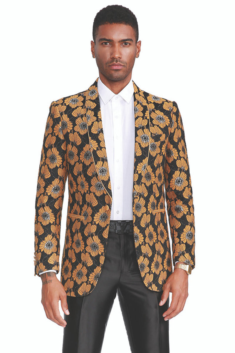 Men’s Shawl Collar Suower Print Tuxedo Dinner Jacket in Black & Yellow