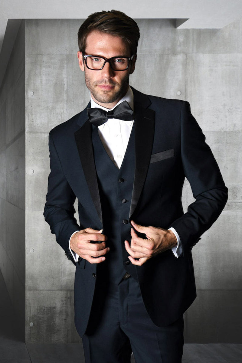 Men’s Designer Modern Fit Vested Wool Wedding Tuxedo in Navy Blue