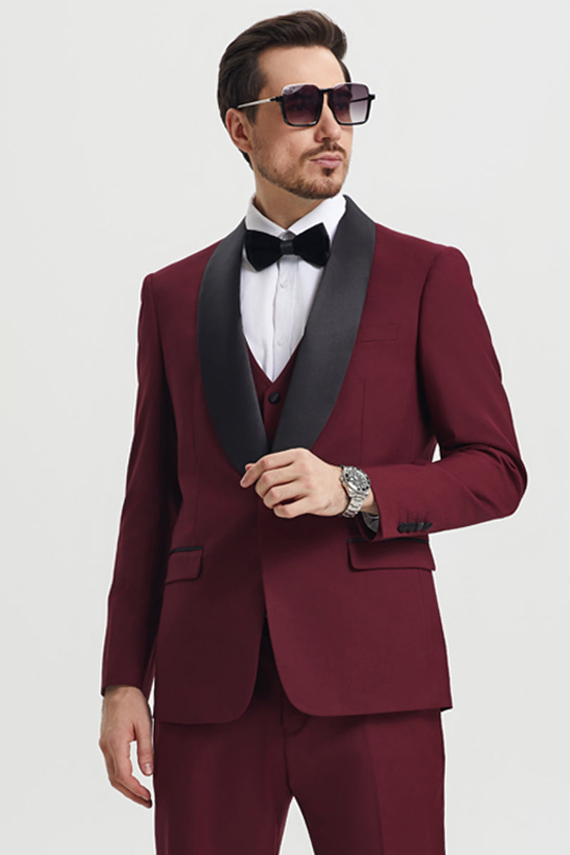 Men’s Stacy Adams Vested One Button Shawl Lapel Designer Tuxedo in Burgundy