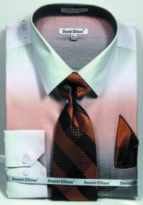Men’s Multi-Color Faded Print Dress Shirt & Tie Set in Beige