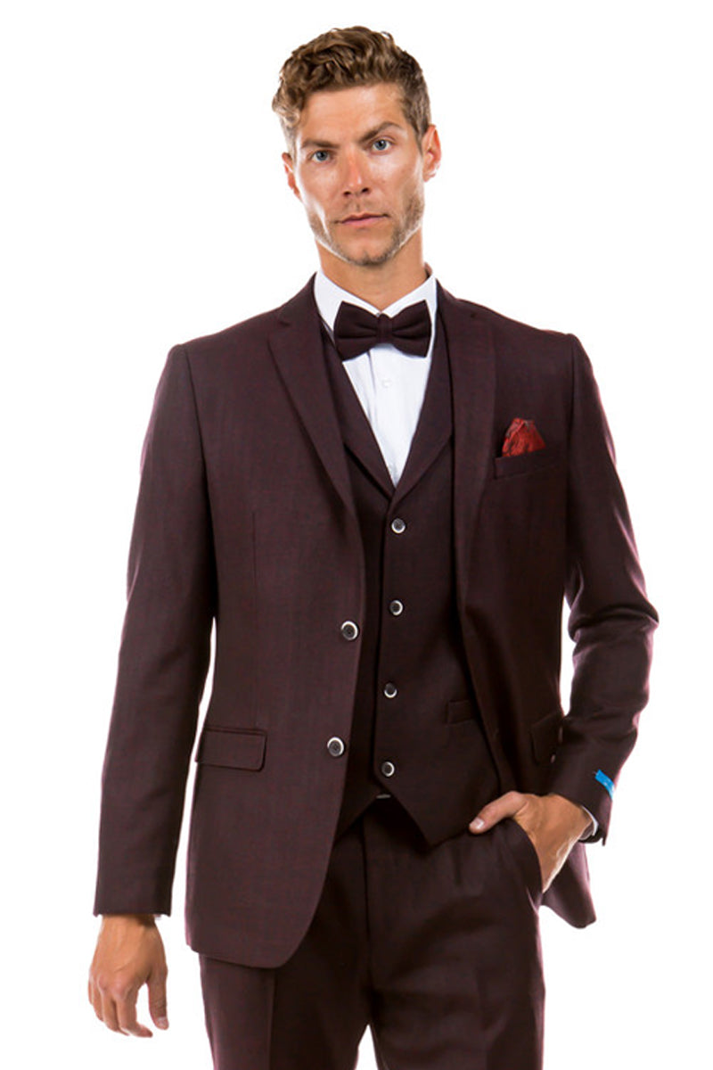Men’s Two Button Vested Vintage Style Tweed Wedding Suit in Burgundy