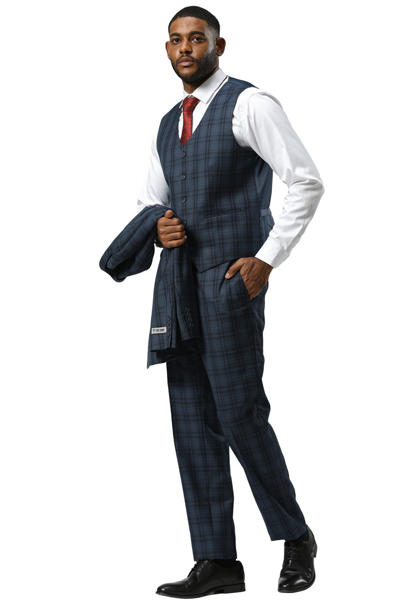 Men’s Stacy Adams Modern Fit Vested Suit in Navy Blue Double Windowpane Plaid