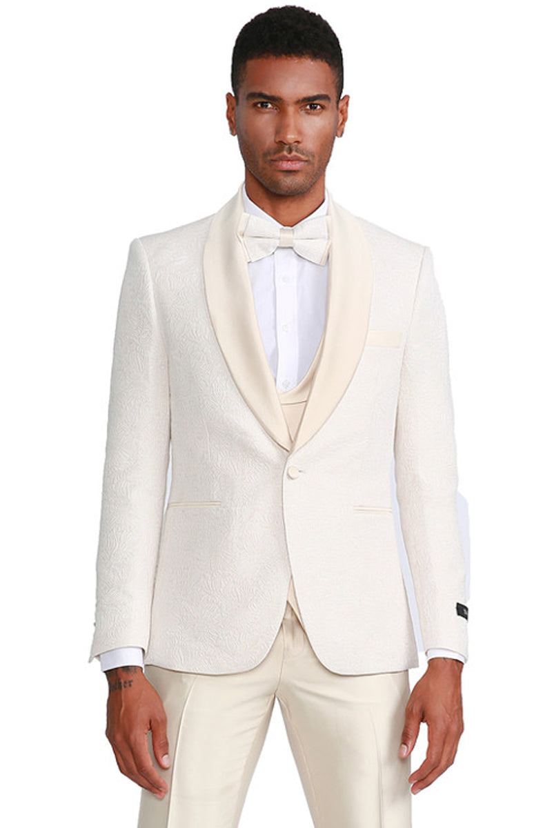 Men’s One Button Vested Paisley Prom & Wedding Tuxedo with Satin Vest and Pants in Ivory
