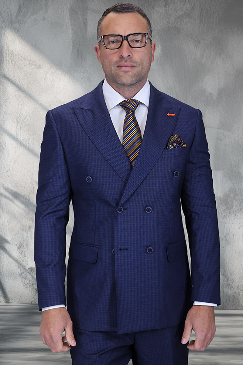 Men’s Designer Double Breasted Wool Suit in indigo Blue Micro Plaid