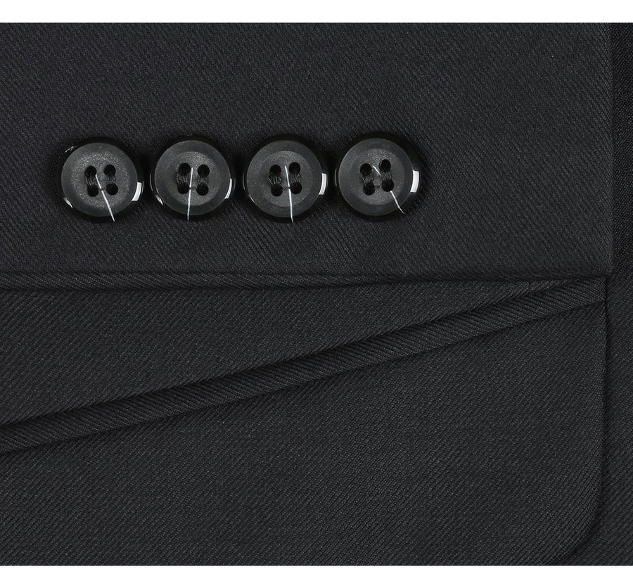 Mens Basic Two Button Classic Fit Wool Suit with Optional Vest in Black