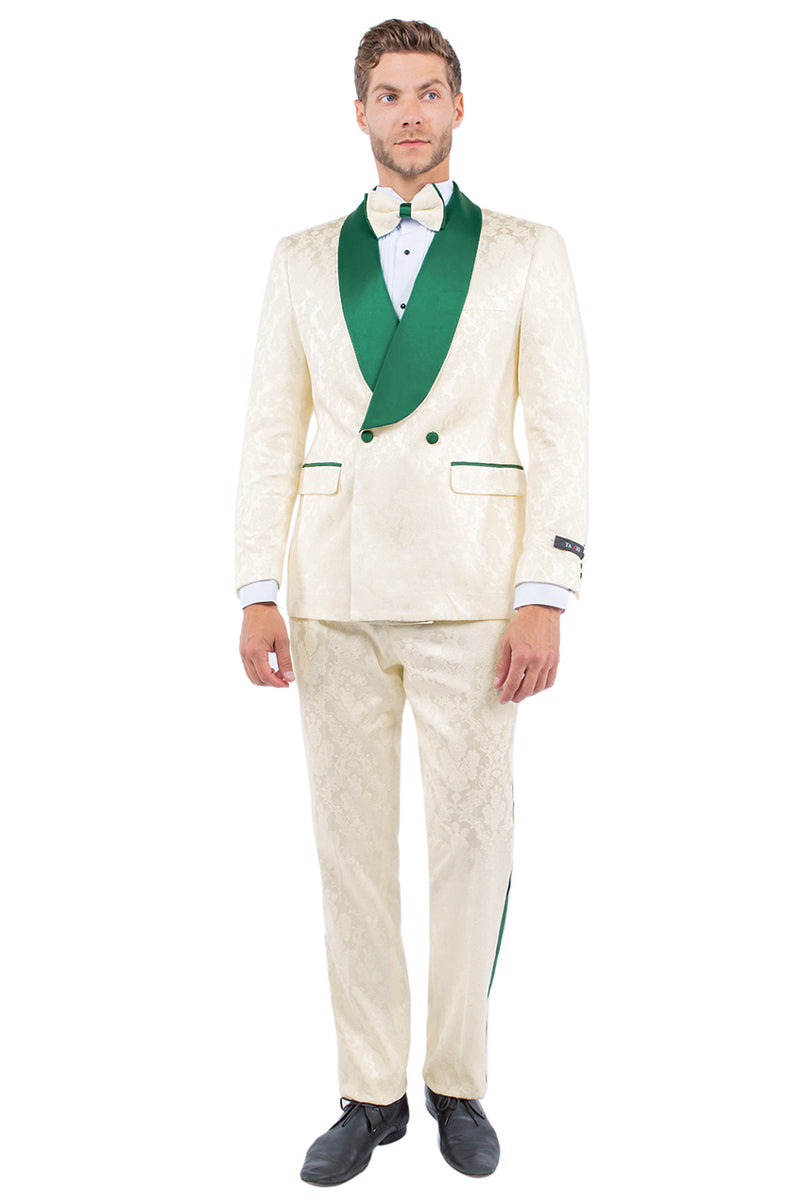 Men’s Slim Fit Double Breasted Paisley Smoking Jacket Prom & Wedding Tuxedo in Ivory & Emerald Green