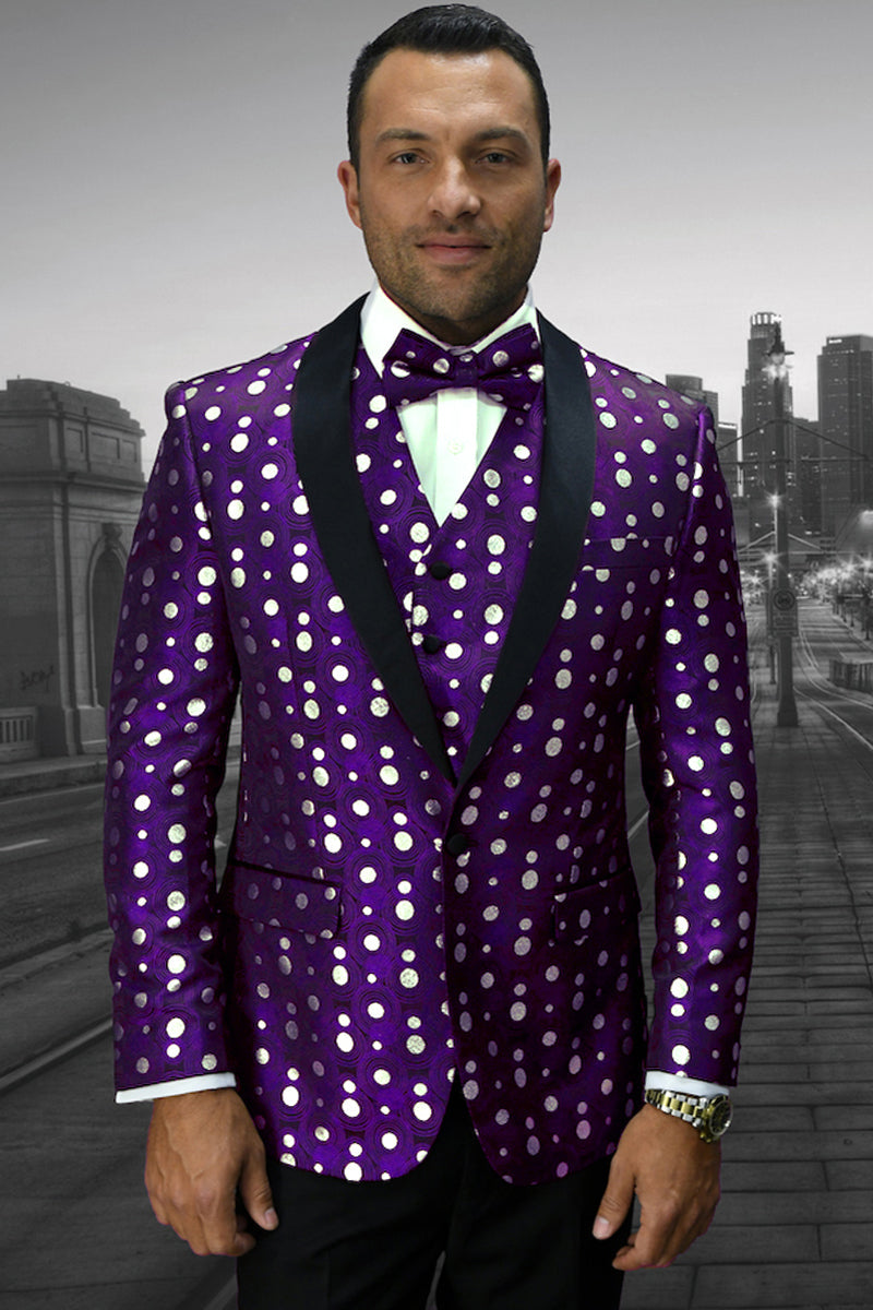Men’s Designer Vested Prom Tuxedo in Purple Polka Dot
