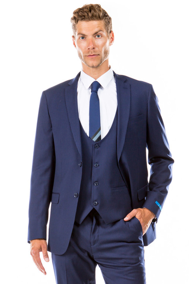Men’s Two Button Vested Hybrid Fit Micro Mini Pinstripe Business Suit in Navy Blue